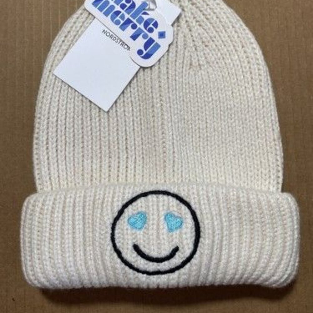 make merry winter hat ivory smiley face